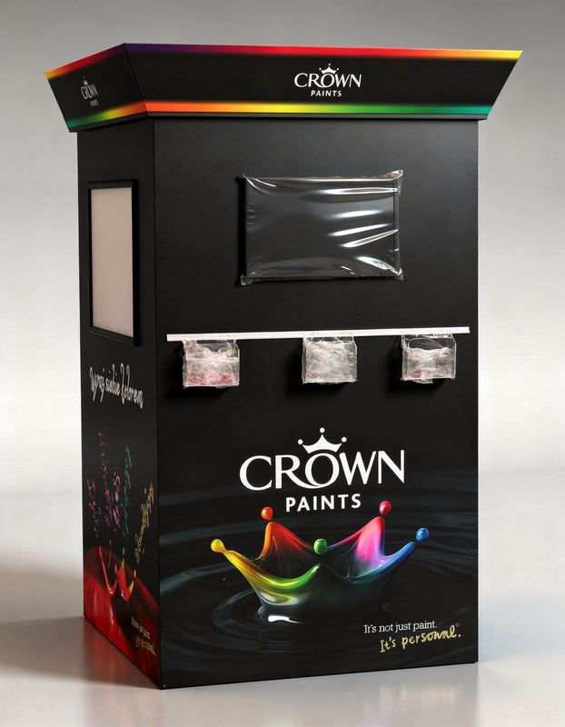 Ekspozytor podłogowy z grafiką reklamową Crown Paints farby