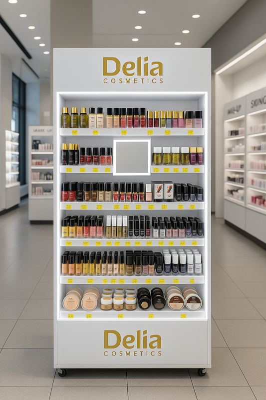 Regał szafkowy z plexi zamykany producent Delia do drogerii