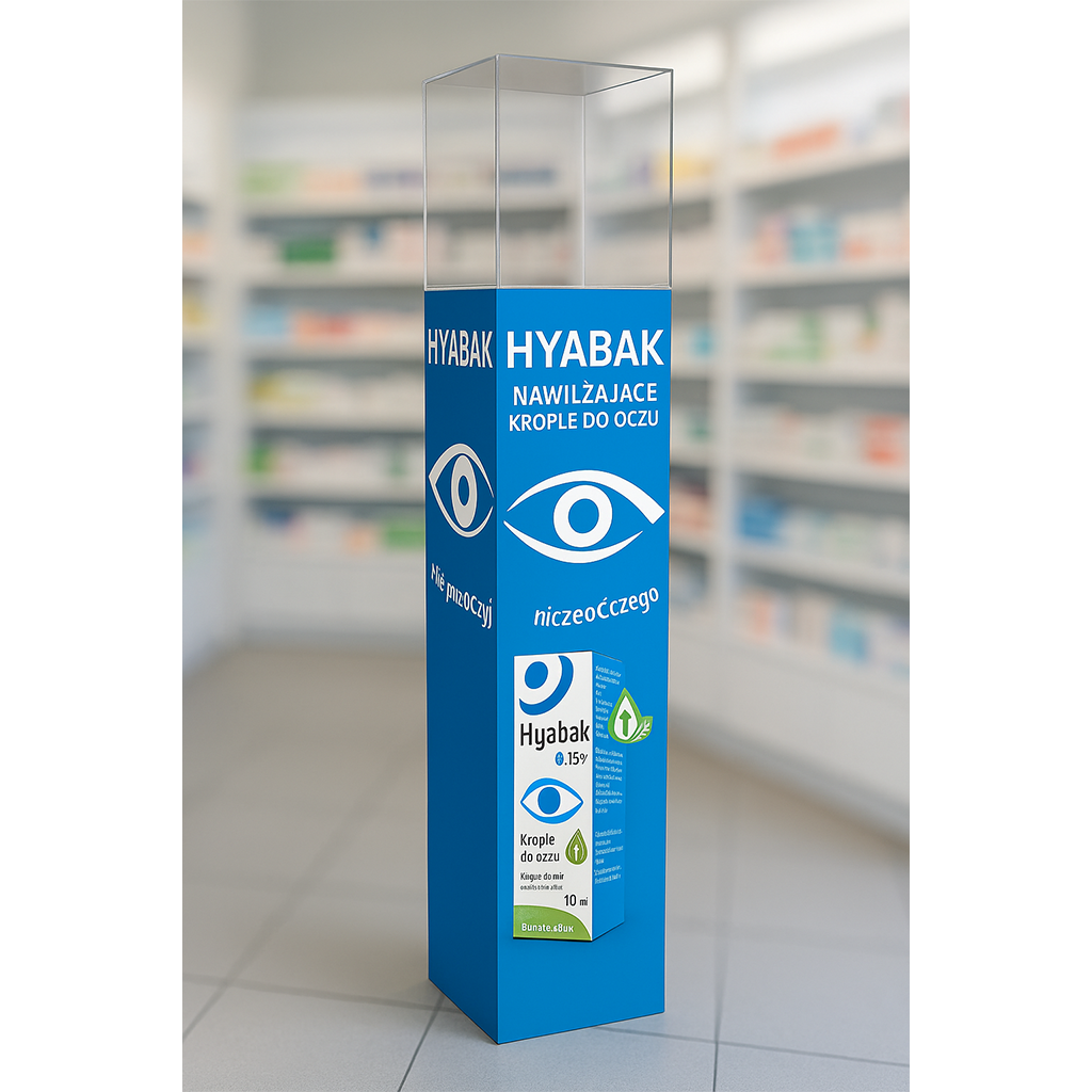 Stojak kolumnowy HYABAK z gablotką z plexi na krople do oczu
