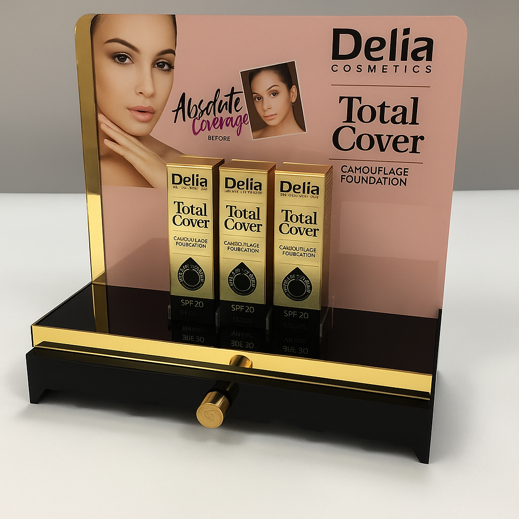 Ekspozytor z plexi czarnej i złotej lustrzanej z grafiką Delia Total Cover – stojak kosmetyczny
