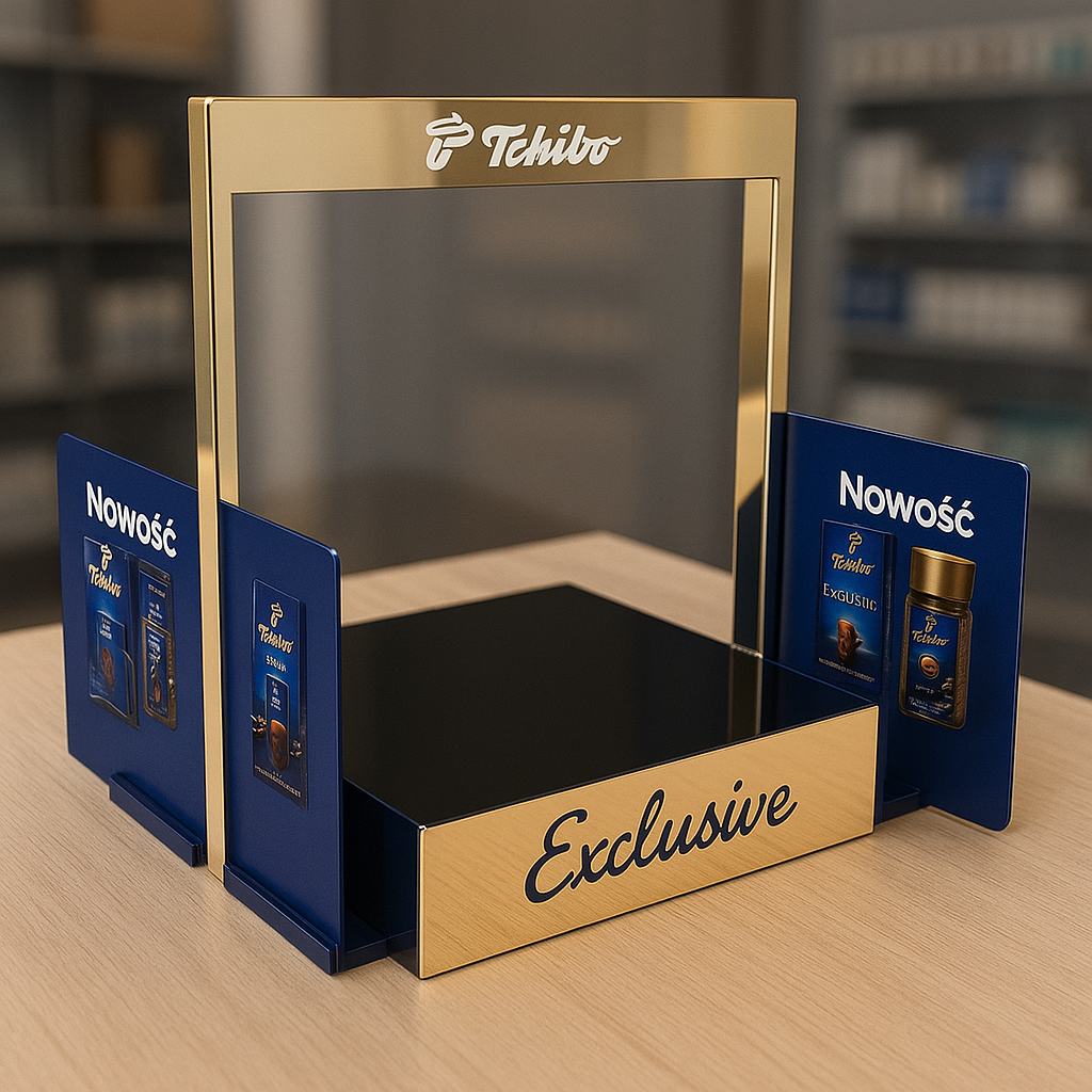 Elegancki ekspozytor z plexi granatowej i złotego lustra na kawę Tchibo Exclusive
