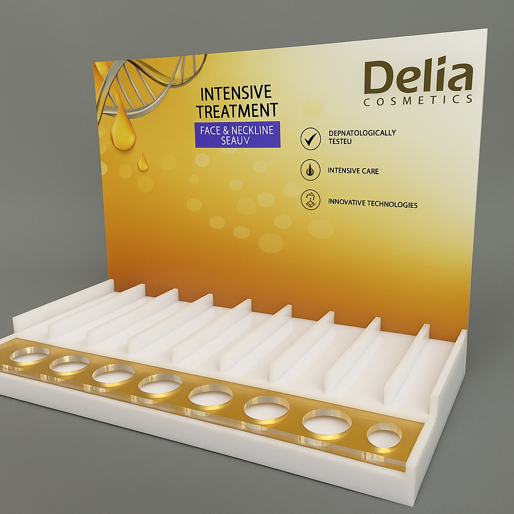 Ekspozytor z plexi na kosmetyki Delia Cosmetics ze ścianką z grafiką i elementami w kolorze złotego lustra