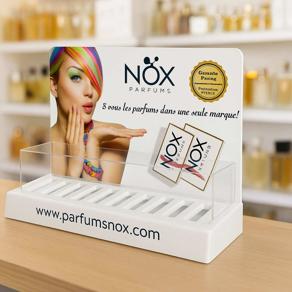 Ekspozytor z białej plexi na perfumy NOX – stojak reklamowy do drogerii