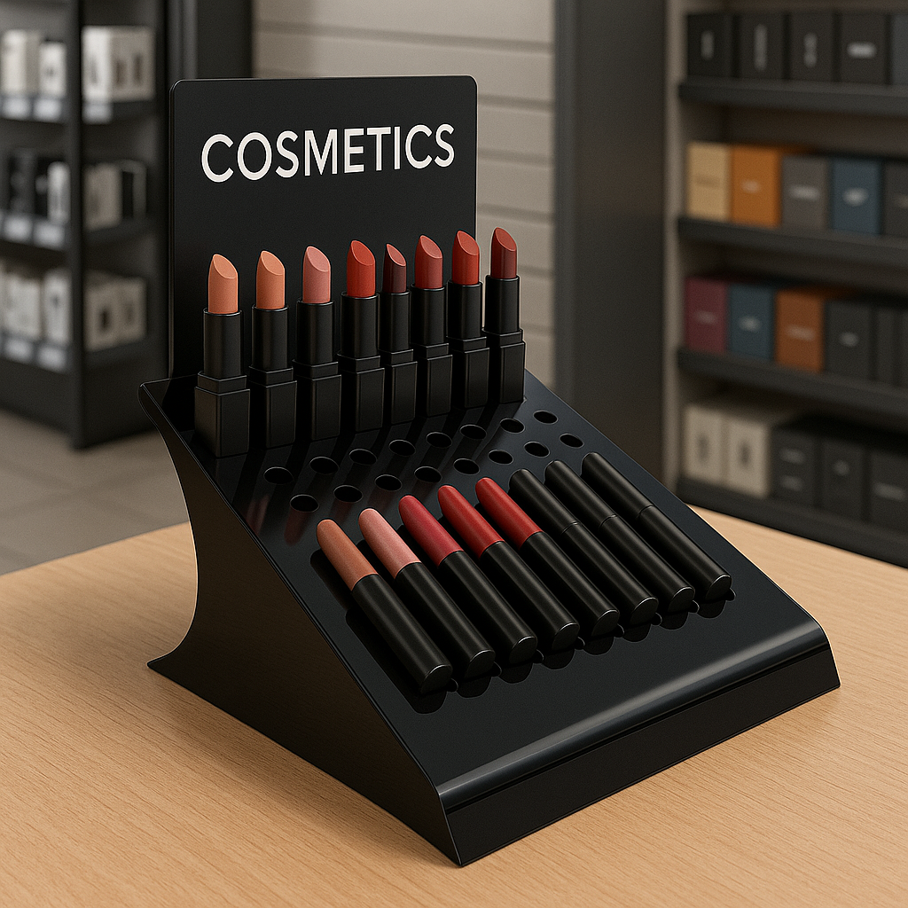 Ekspozytor na pomadki z czarnej plexi – stojak kosmetyczny premium