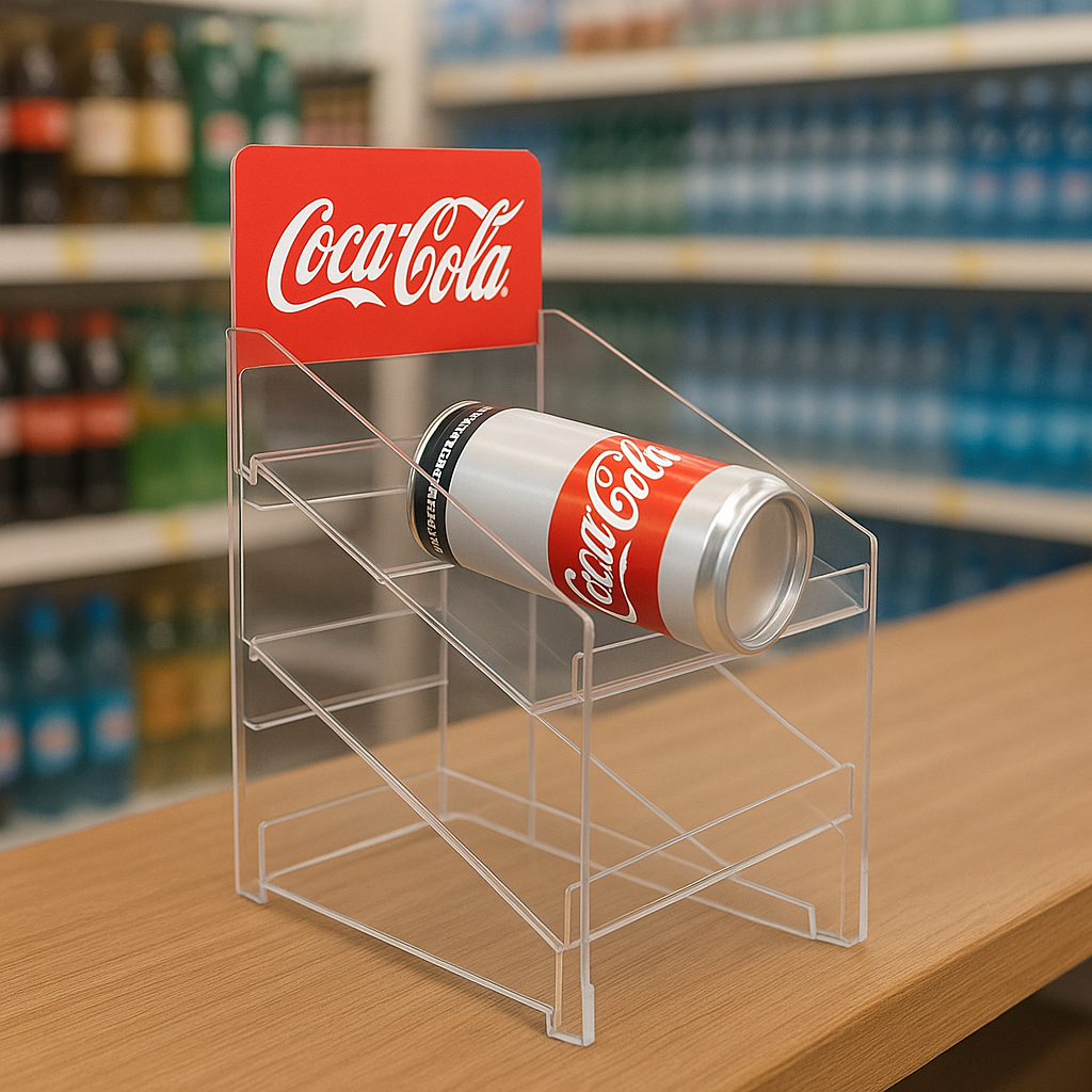 Przezroczysty ekspozytor z plexi z dwoma rzędami na puszki Coca-Cola z logotypem