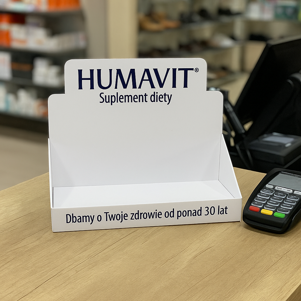 Ekspozytor z białej plexi HUMAVIT na suplementy diety z nadrukiem logo