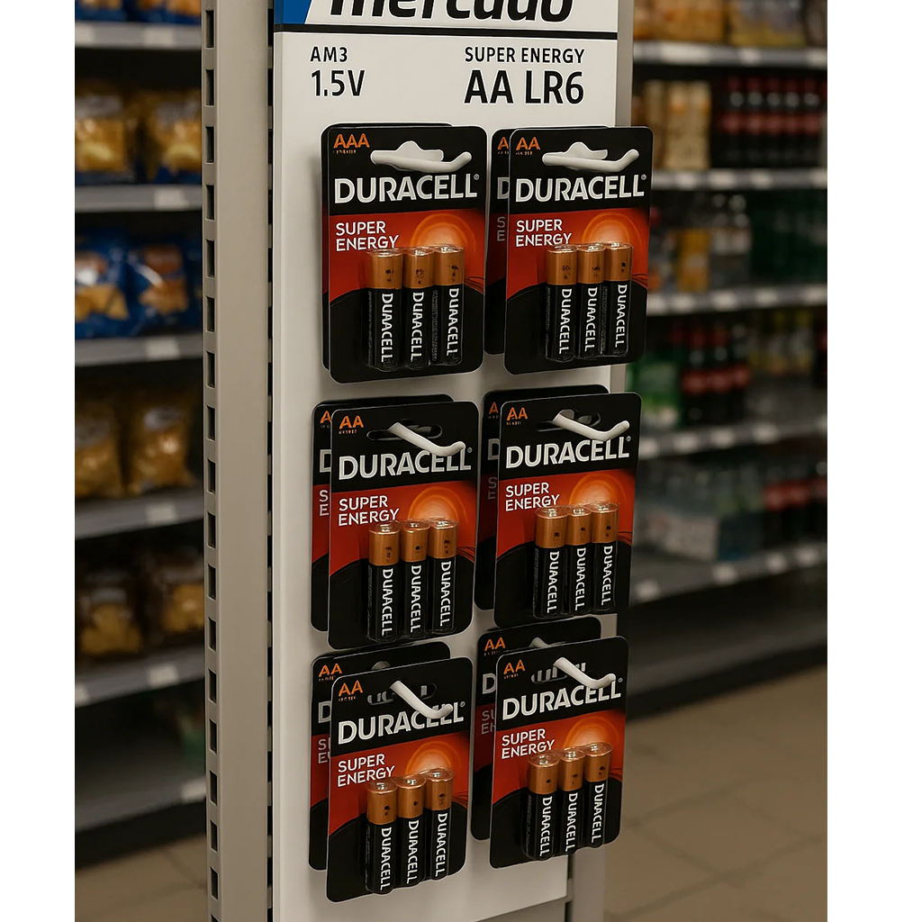 Ekspozytor z białego tworzywa z plastikowymi haczykami na baterie Duracell