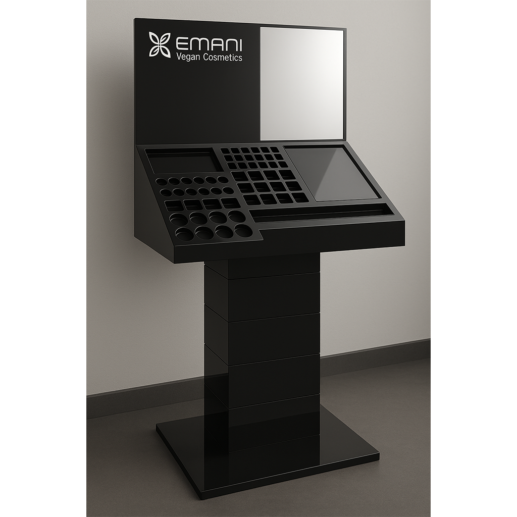 Czarny ekspozytor z plexi z miejscem na kosmetyki, testery i ulotki Emani Vegan Cosmetics