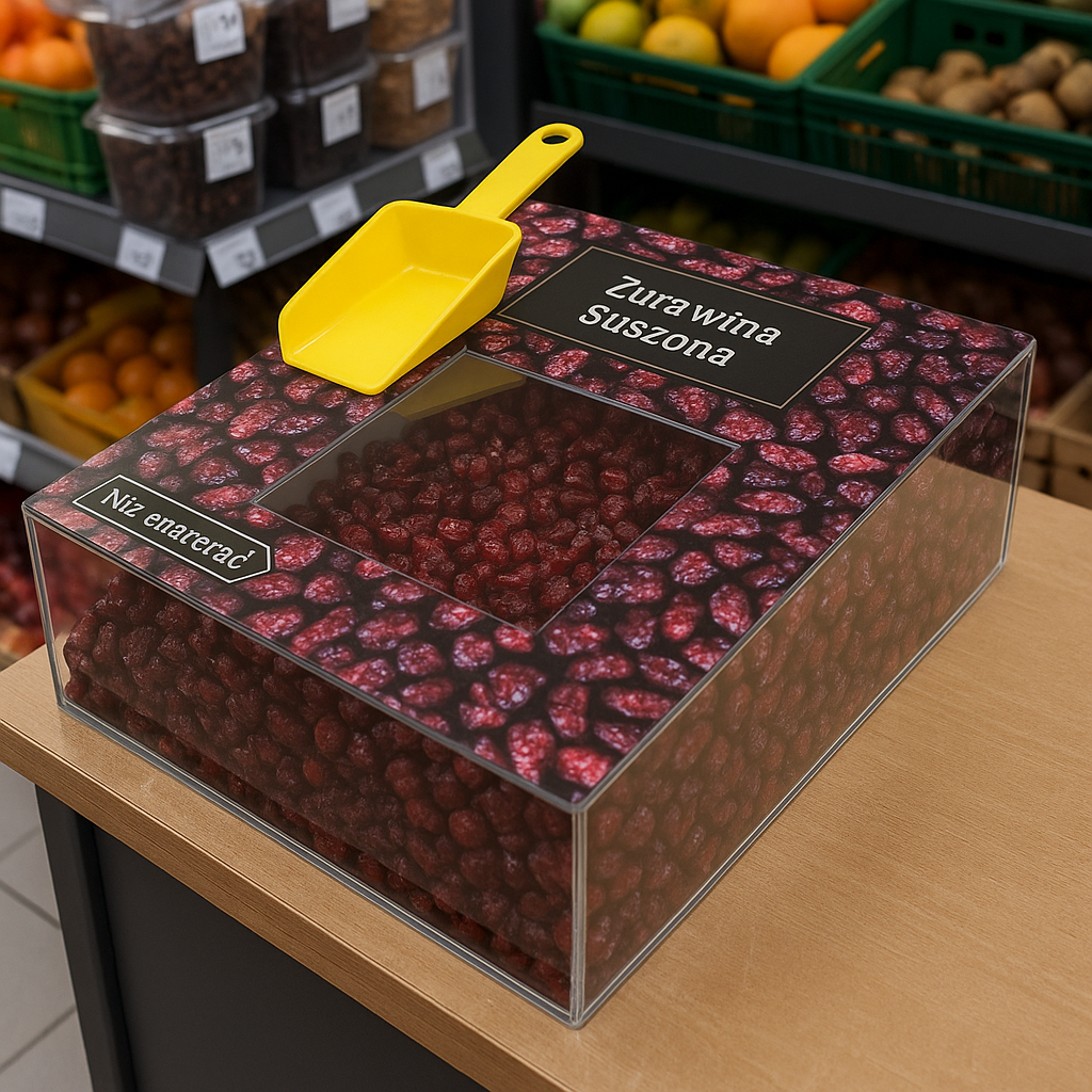 Pojemnik z przezroczystej plexi lub PET-G na produkty spożywcze sypkie do samodzielnego odważania