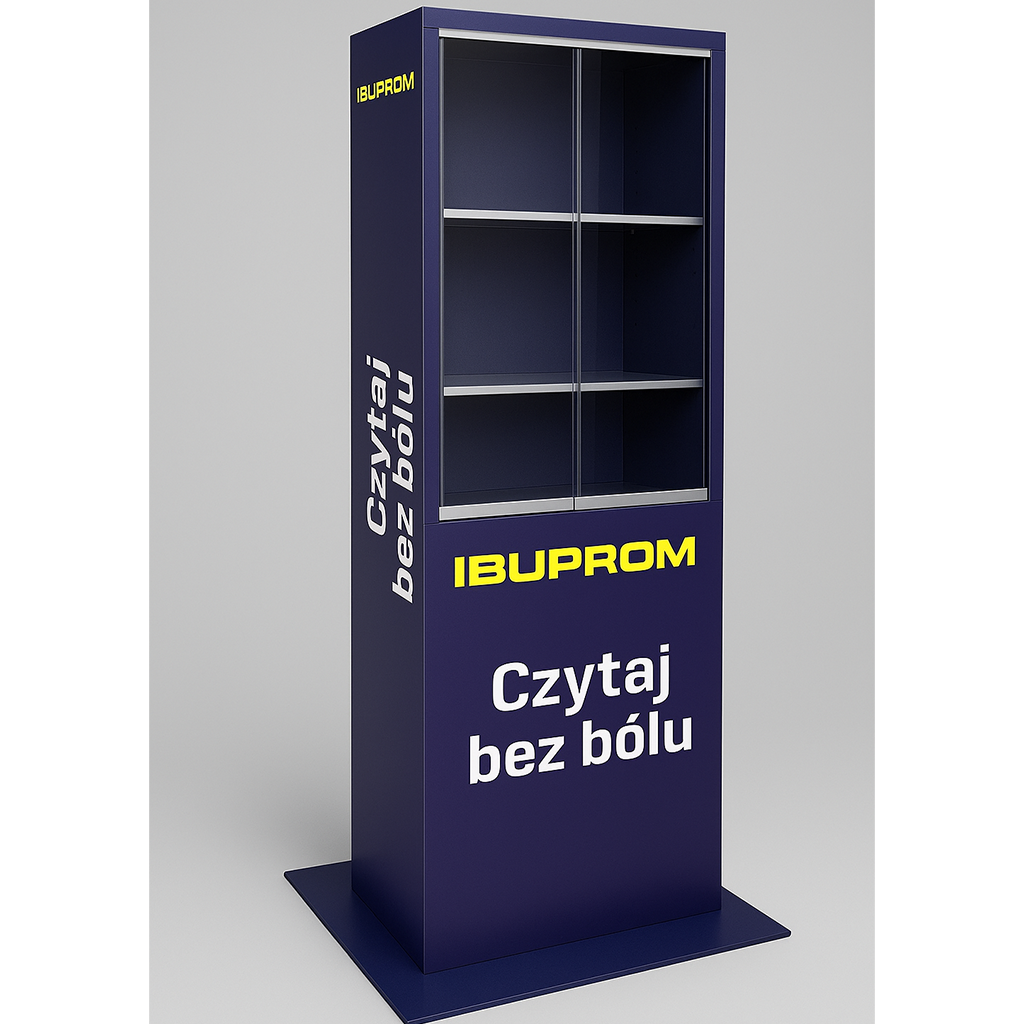 Stojący ekspozytor IBUPROM z półkami i nadrukiem UV do aptek