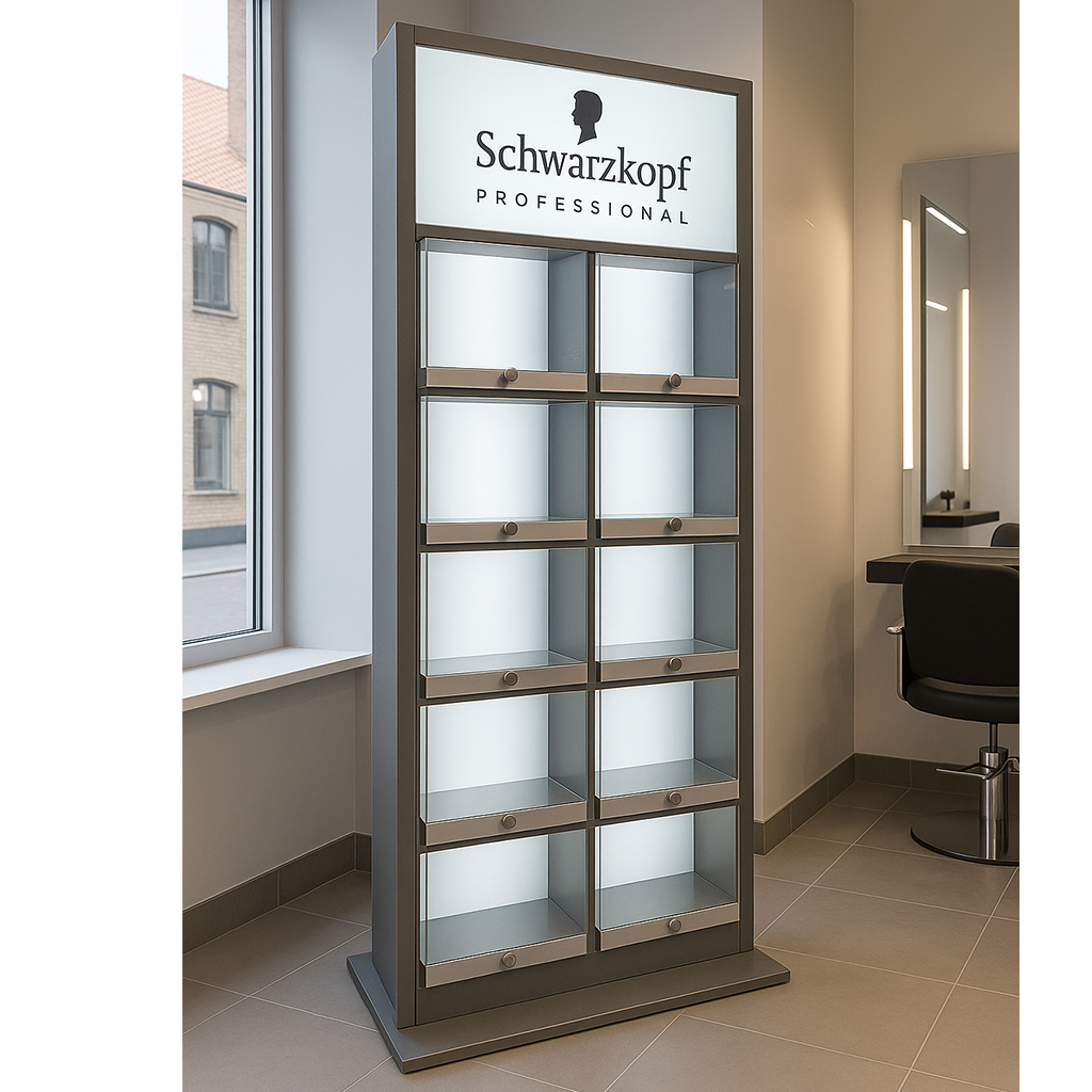 Podświetlany regał ekspozycyjny Schwarzkopf Professional z półkami na kosmetyki fryzjerskie