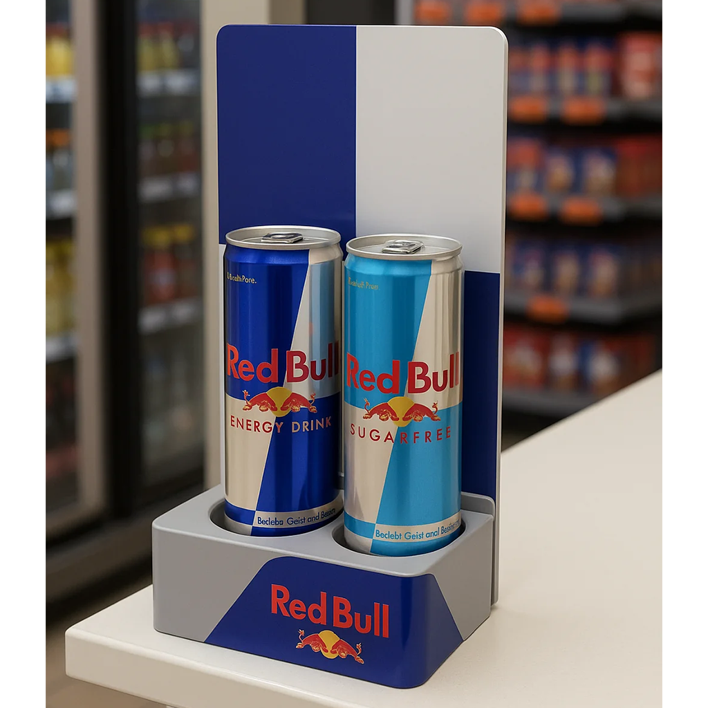 Stojak ekspozycyjny Red Bull z plexi – ekspozytor na puszki napojów energetycznych