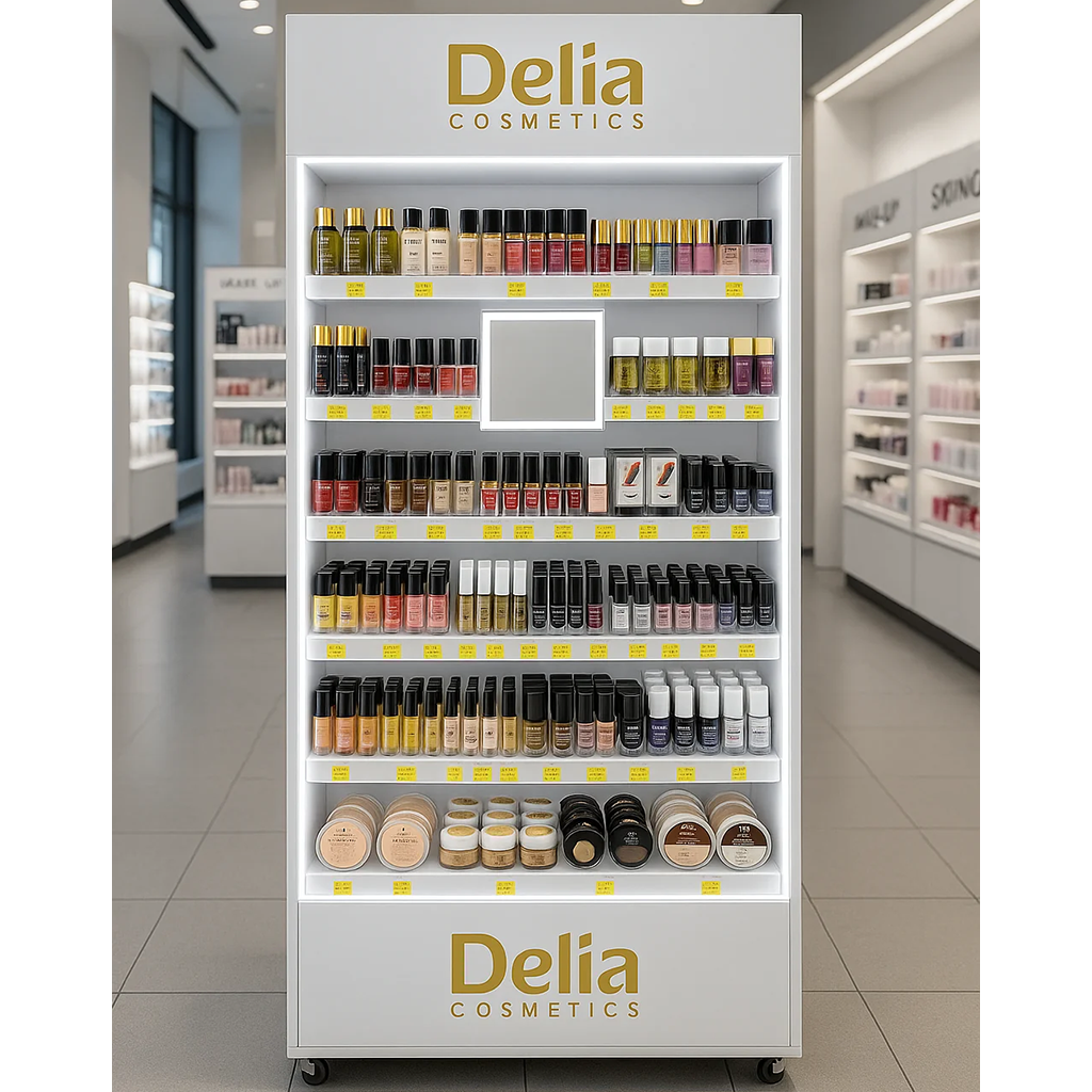 Podświetlana szafa kosmetyczna Delia z plexi z logotypem i wkładkami na produkty kosmetyczne