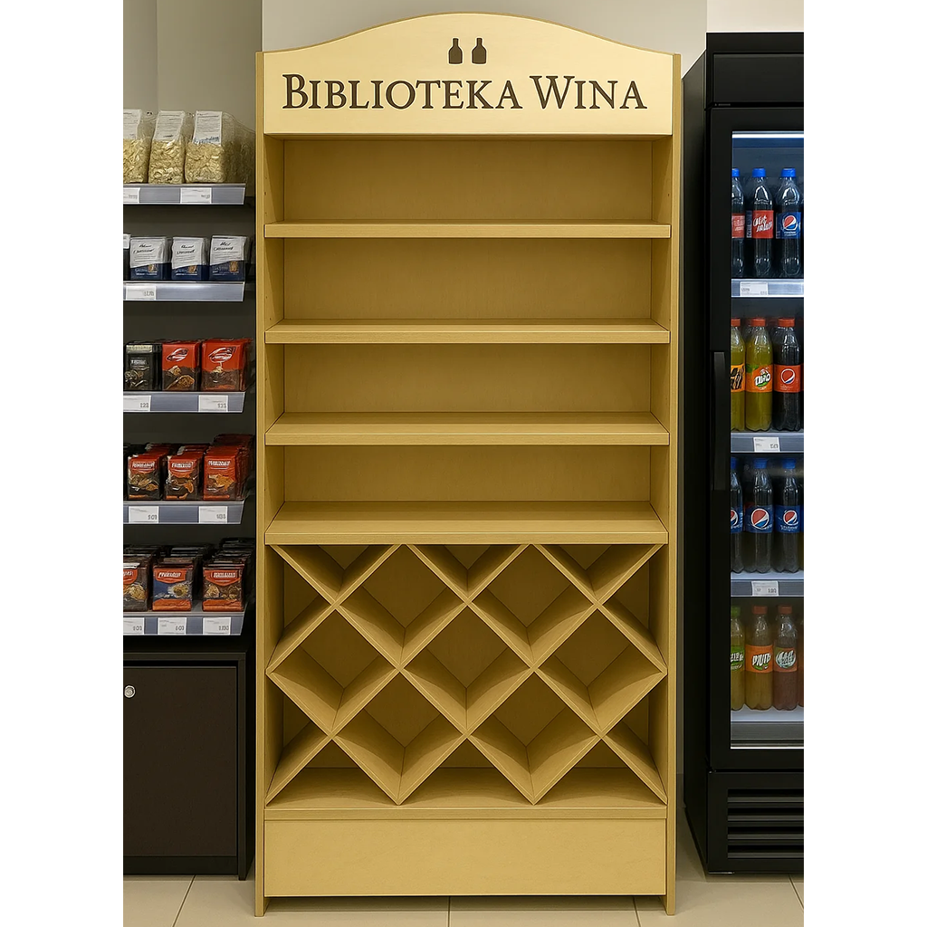 Szafa ekspozycyjna z drewna i sklejki na wino z grawerowanym logotypem Biblioteka Wina