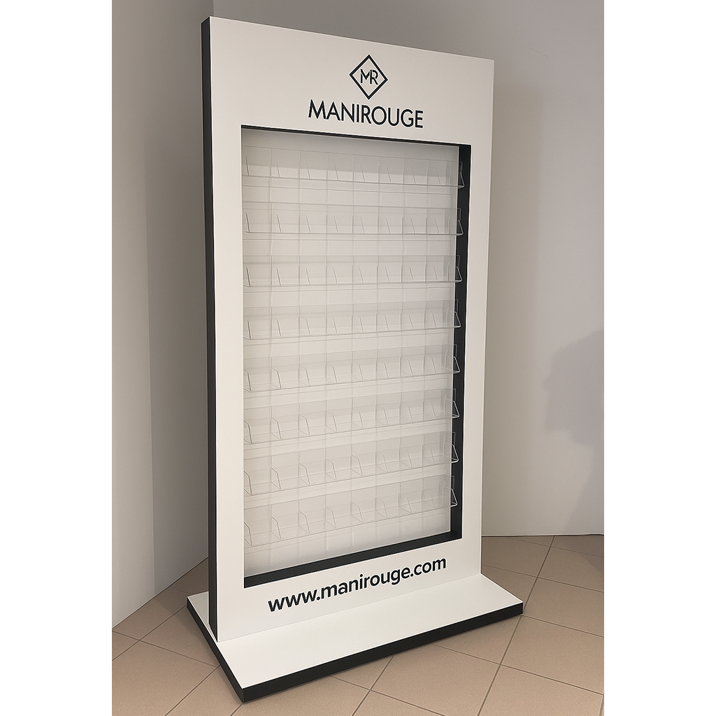 Totem ekspozycyjny z plexi białej i czarnej z kieszonkami na produkty kosmetyczne MANIROUGE