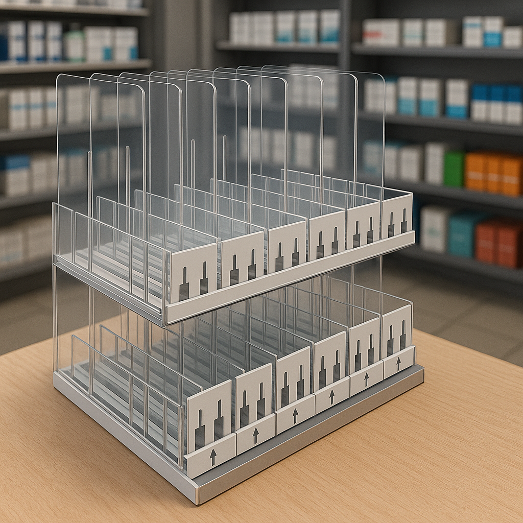 Dwupoziomowa wkładka apteczna z popychaczami z plexi do ekspozycji produktów