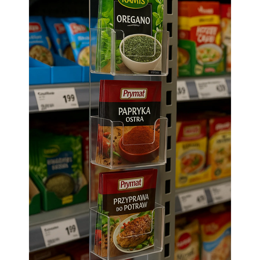 Zawieszka z plexi na przyprawy Prymat i Kamis wisząca na metalowym regale sklepowym